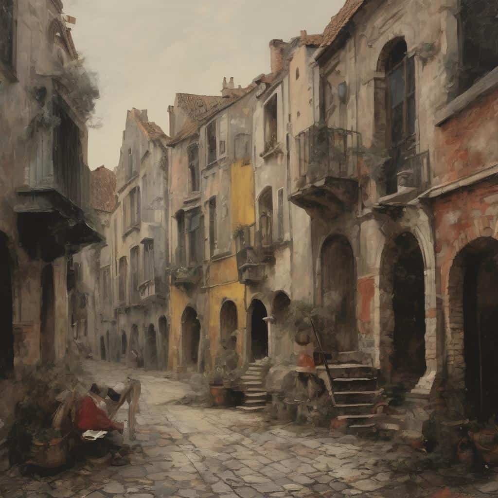 Παλιά αρχοντικά και πλακόστρωτος δρόμος στην ιστορική γειτονιά, αποπνέοντας αισθητική και τέχνη μέσα από την ιστορία.