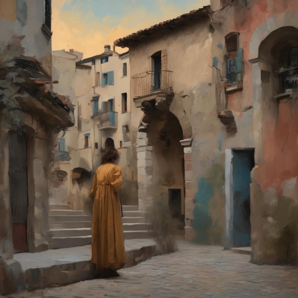 Χαρακτηριστικό ιστορικό καλλιτεχνικό σκηνικό με παλιές πολυκατοικίες και γυναίκα σε παραδοσιακή φορεσιά.