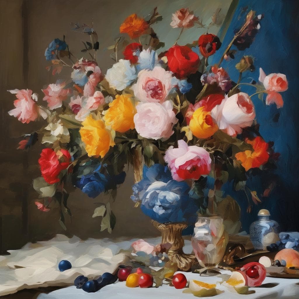 Λουλούδια σε βάζο με ιστορική και αισθητική έμφαση, τέχνη και ιστορία στην ζωγραφική, πορτρέτο με έμπνευση από την τέχνη.