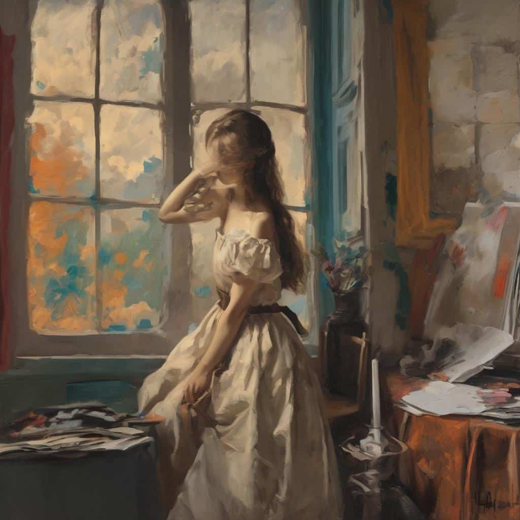 Αιθέρια γυναίκα σε εσωτερικό χώρο με παράθυρο, καμβάδες και λευκά ρούχα, ιστορική τέχνη και αισθητική.