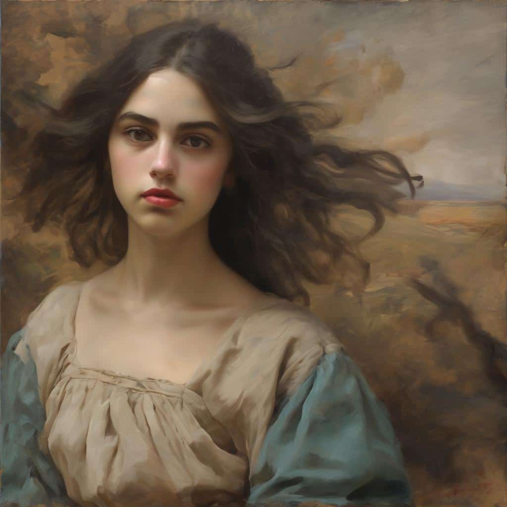 Αγνή νεαρή γυναίκα στην τέχνη και την ιστορία, με φυσικά χαρακτηριστικά και ρεαλιστική λεπτομέρεια.